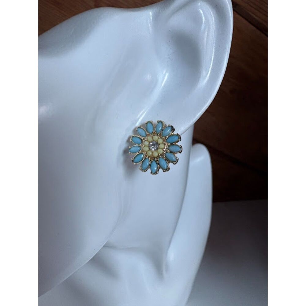 Daisy Teal & Gold Rhinestone Earrings